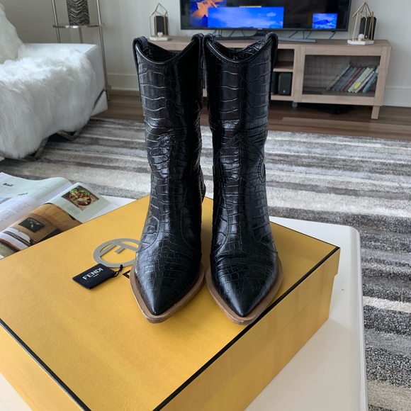 Fendi Exclusive Black Croc Cowboy Boots 